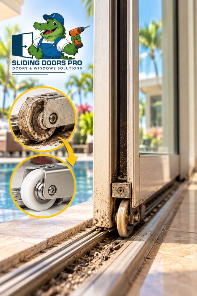 Sliding glass door binding from worn rollers and damaged track in South Florida