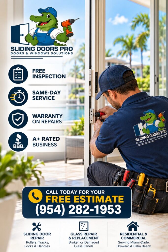 Sliding door repair technician in South Florida offering free inspection, same-day service and warranty on repairs