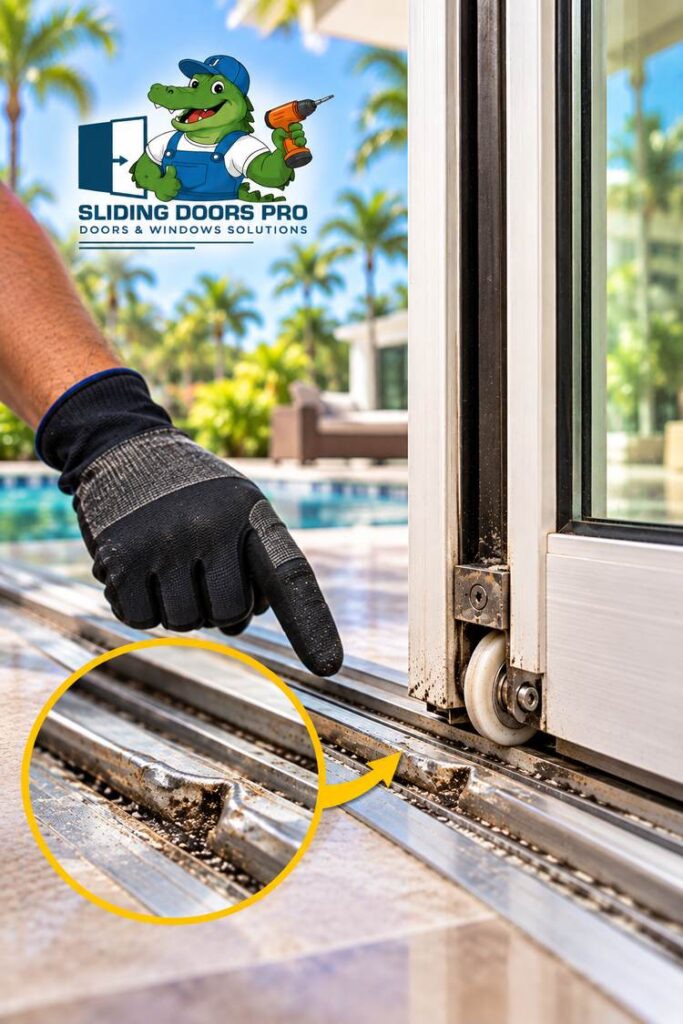 Damaged sliding glass door track causing binding, sticking and grinding in South Florida