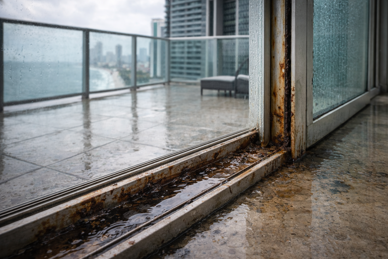Rusty track on rainy Miami balcony