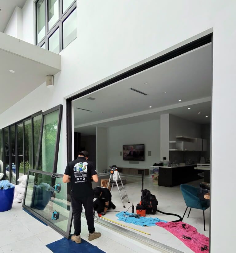 Sliding Doors Pro removing oversized sliding glass door panel for repair in South Florid