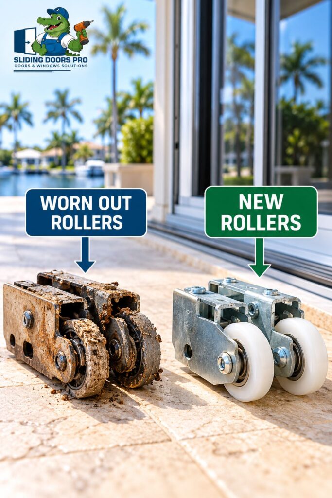 Worn out sliding door rollers compared with new replacement rollers in South Florida