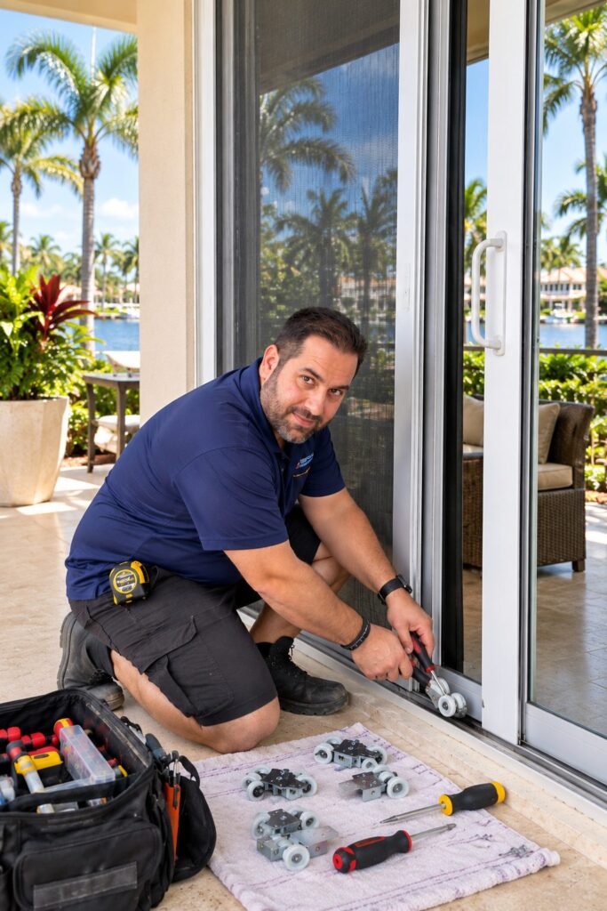 `Sliding door roller replacement technician repairing a sliding glass door in South Florida`