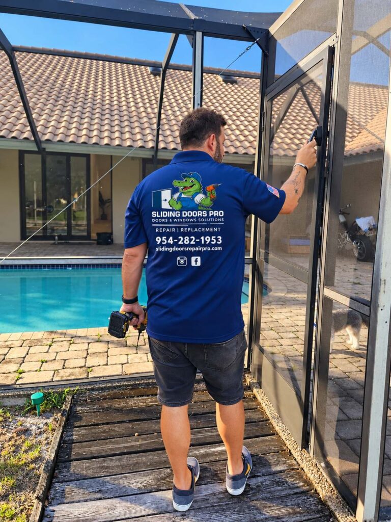 Sliding Doors Pro technician repairing a pool enclosure screen door in South Florida, wearing a company uniform with the alligator logo.