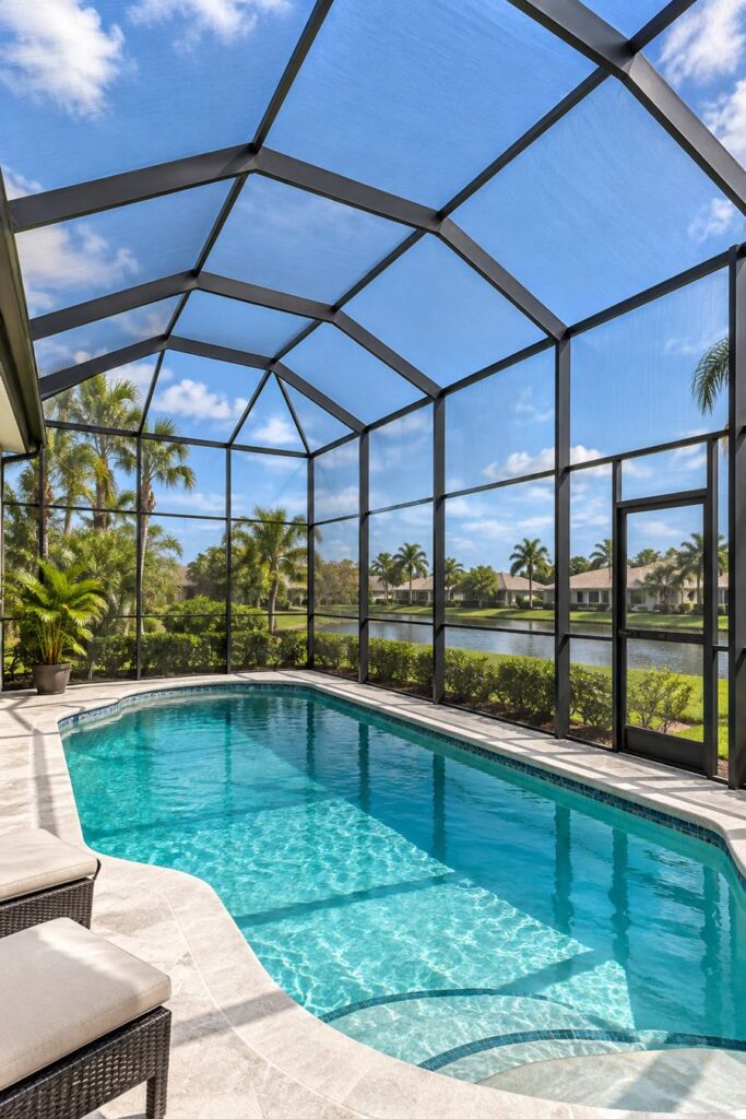Beautiful residential pool screen enclosure in South Florida featuring an aluminum frame, protective mesh screening and a spacious poolside patio. Sliding Doors Pro provides patio and pool enclosure repair services throughout Miami-Dade, Broward and Palm Beach counties.