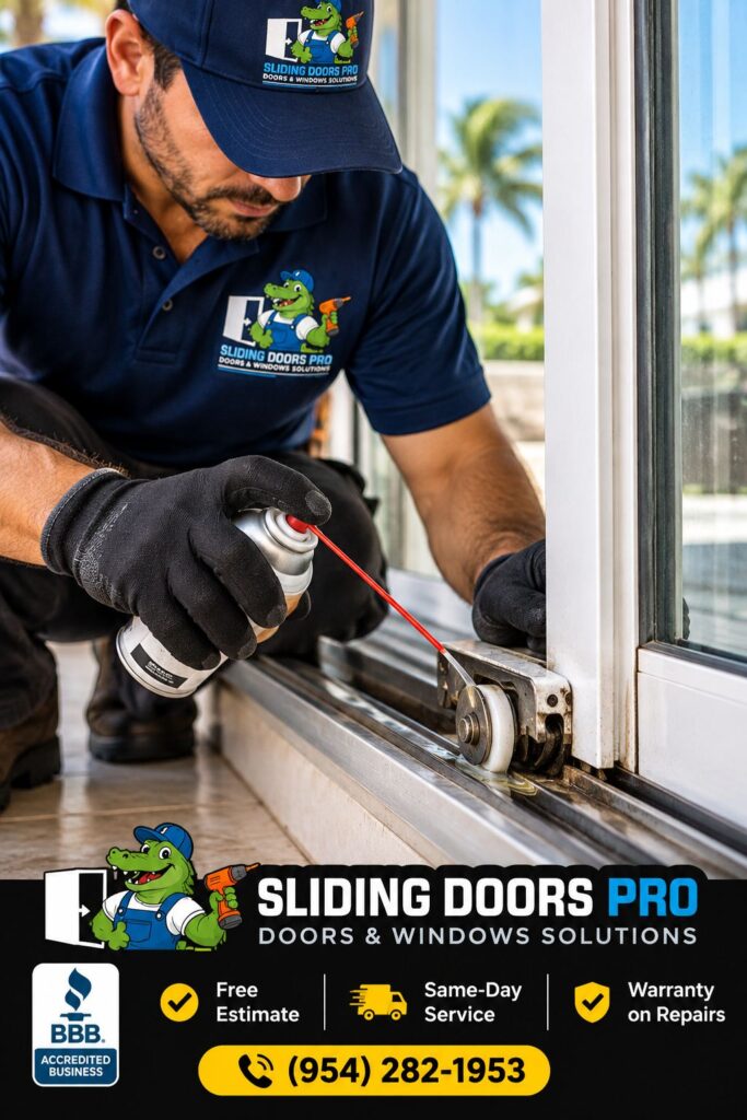 Sliding Doors Pro technician applying lubricant to sliding glass door rollers and track during professional maintenance in South Florida.